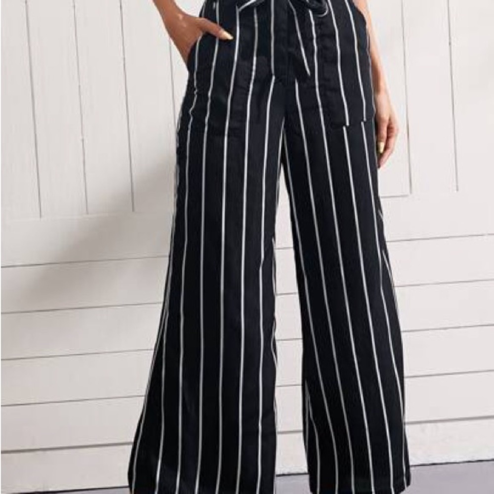 Black and White Striped Wide-Leg Pants